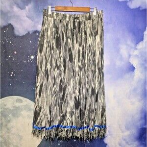 Black White Ikat Fringe Maxi Skirt Size Large Boho Festival Hippie Gypsy Witchy